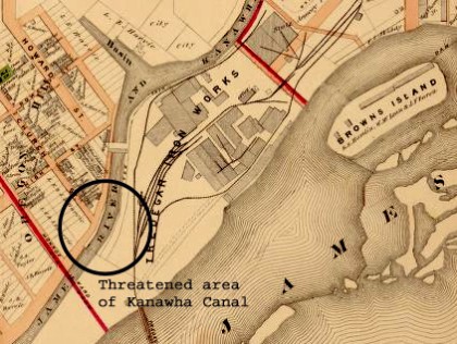 Threatened area of Kanawha Canal on Beers Atlas