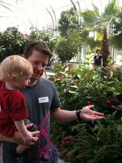 Food blogger ('Carmalized Opinions')/activist Jason Guard and his kid Jasper in the butterfly exhibit.