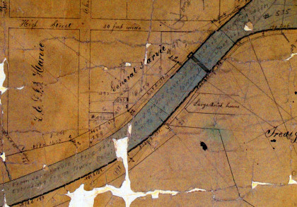 1868 Pleasants-Bates map, detail showing 1801 Harvie deed reference